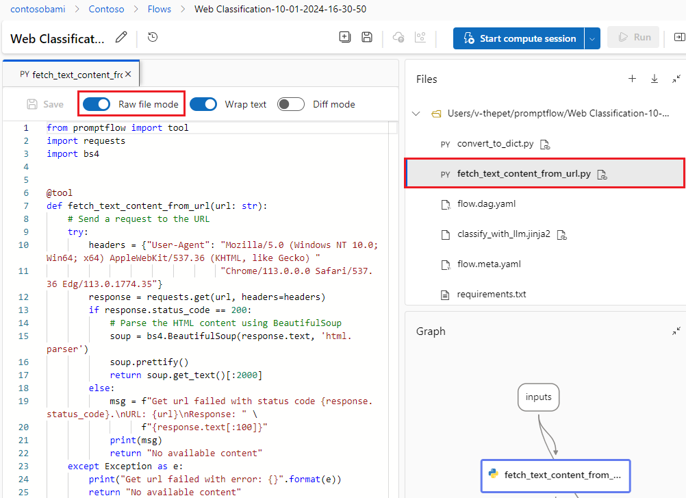 Снимок экрана: вкладка редактирования файла в режиме необработанного файла.