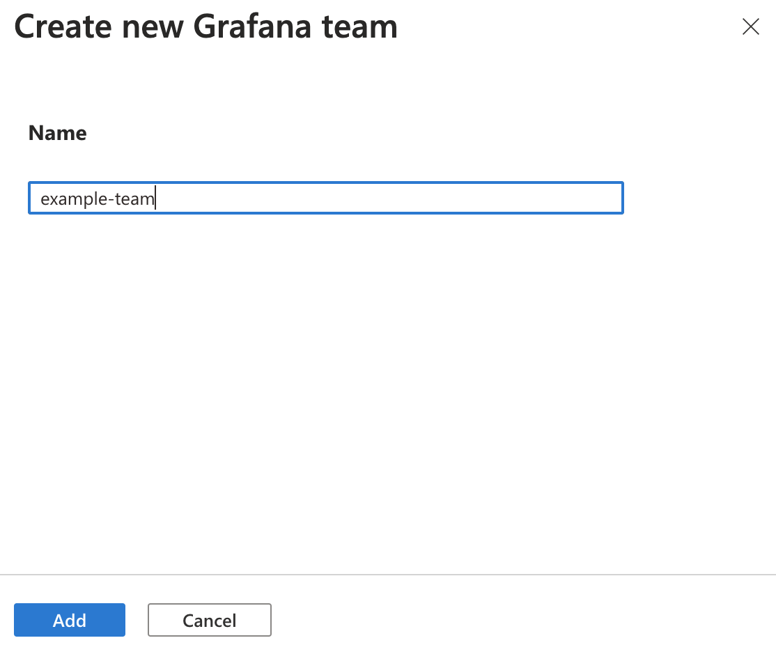 Screenshot of the Azure portal. Creating a new Grafana team.
