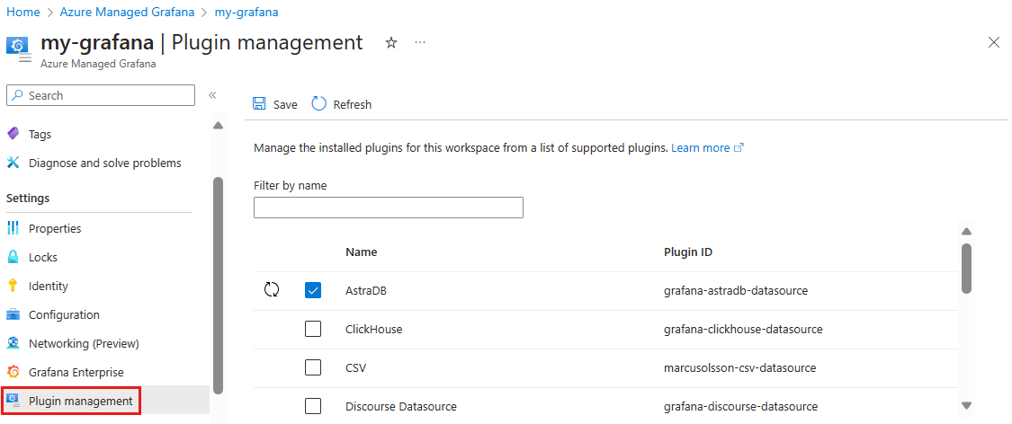 Screenshot of the Plugin management feature data source page.