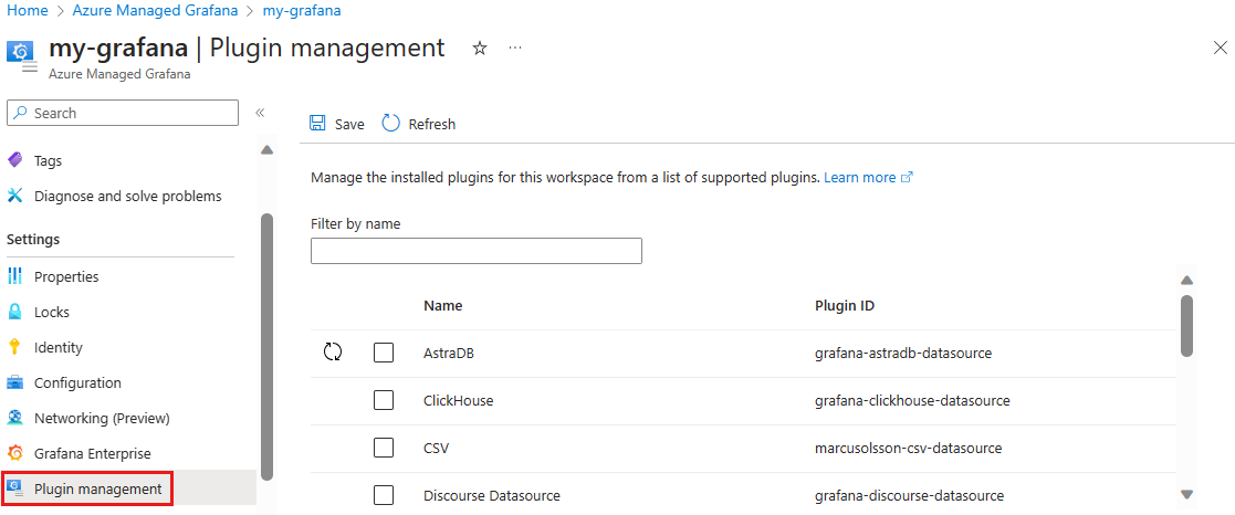 Screenshot of the Plugin management feature data source page. Remove plugin.