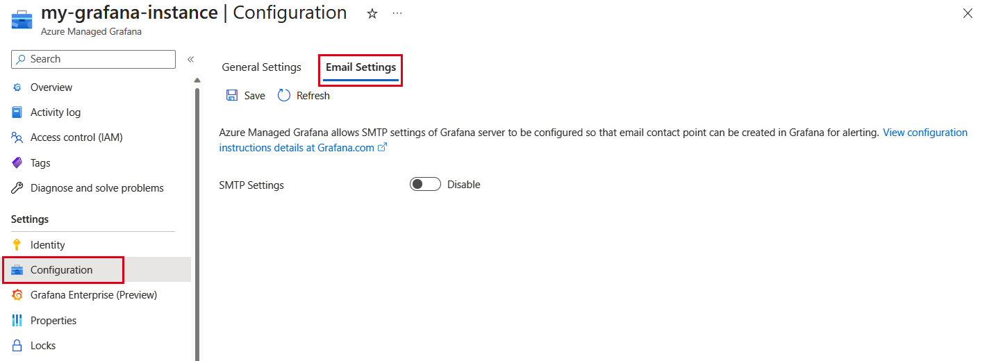 Screenshot of the Azure platform. Selecting the SMTP settings tab.