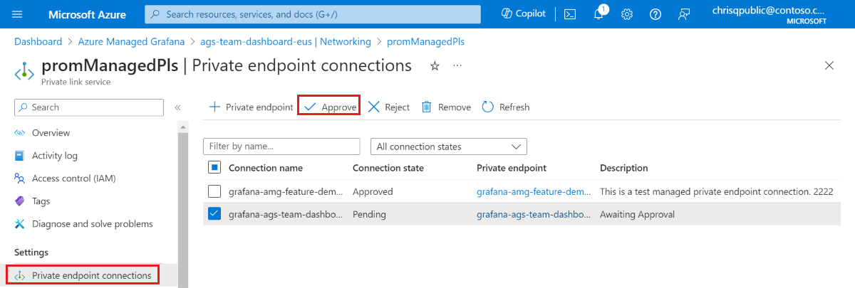 Screenshot of the Azure platform showing the Approve connection action.