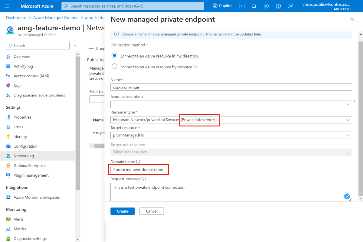 Screenshot of the Azure platform showing Prometheus information entered for the new managed private endpoint.
