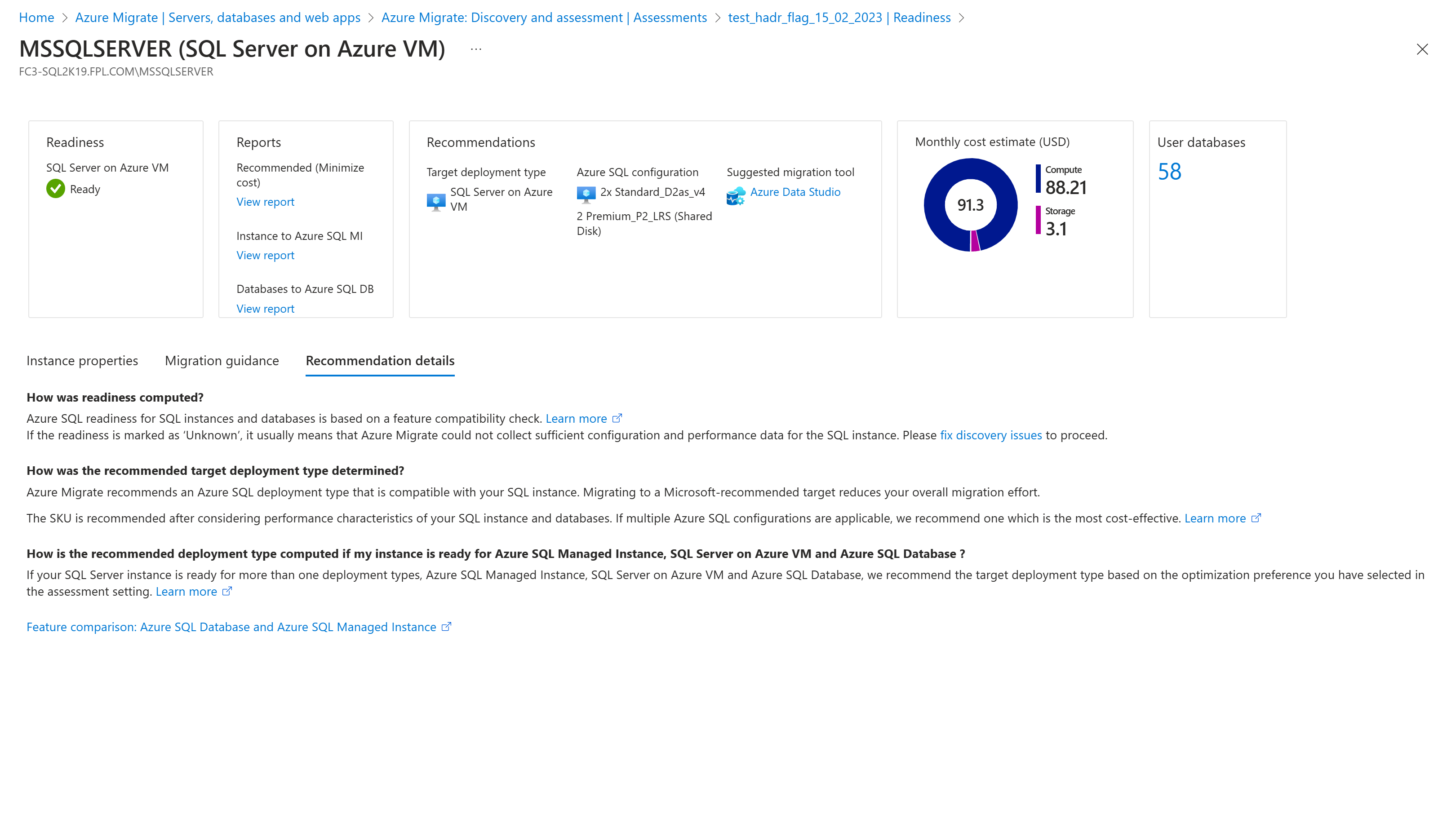 Оценки Azure SQL в средстве обнаружения и оценки службы 