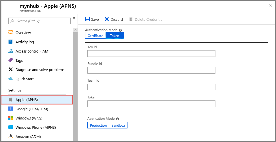 Снимок экрана настройки токена APNS на портале Azure