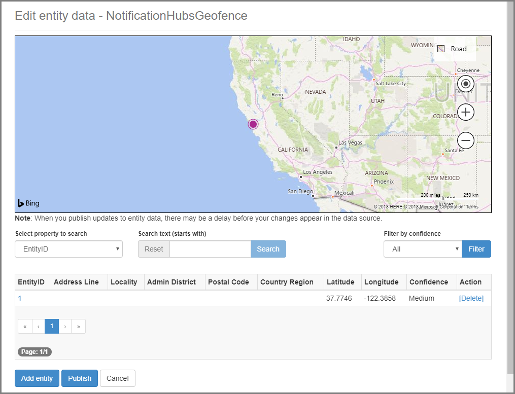 Снимок экрана: страница Edit entity data (Изменение данных сущности), на которой показана карта западной части США и фиолетовой точкой отмечена набережная Сан-Франциско.