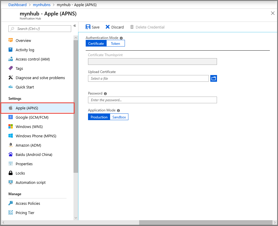 Снимок экрана настройки сертификата APNS на портале Azure