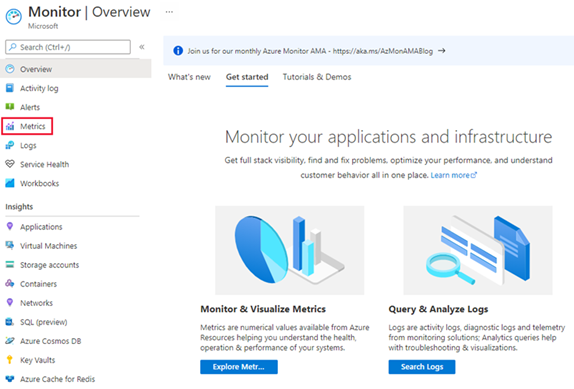 Снимок экрана: выбор метрик Azure Monitor.