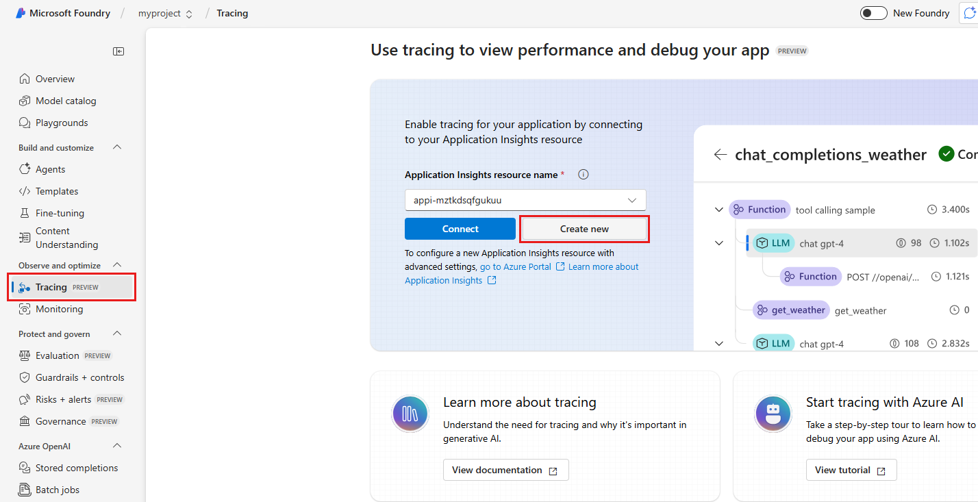 Снимок экрана: область выбора ресурса Application Insights и активации трассировки.