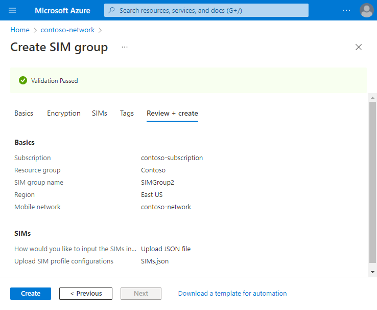 Screenshot of the Azure portal showing validated configuration for a SIM group.
