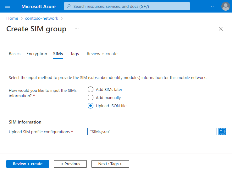 Screenshot of the Azure portal showing the SIMs configuration tab.
