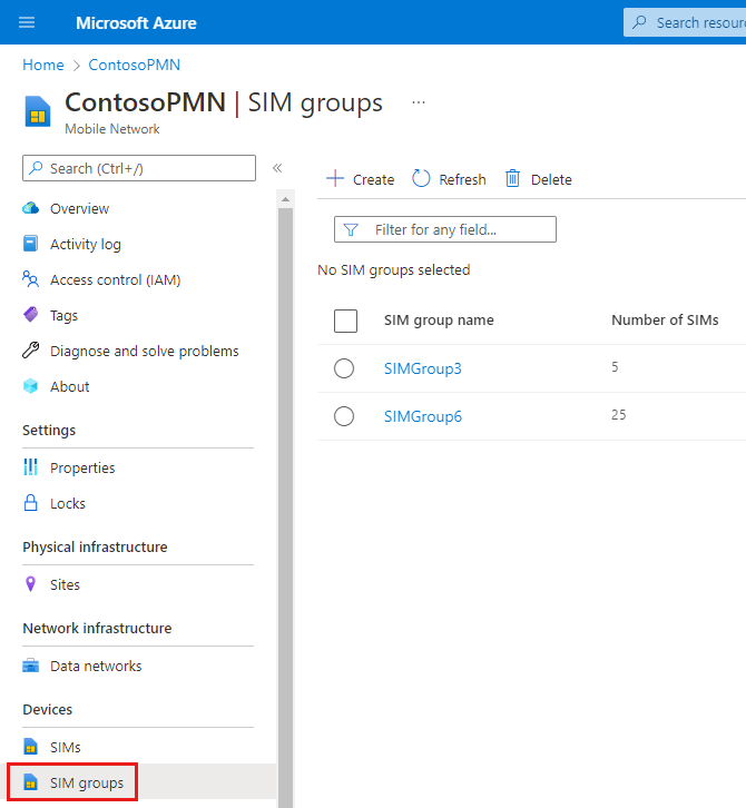 Screenshot of the Azure portal showing a list of SIM groups. The SIM groups resource menu option is highlighted.