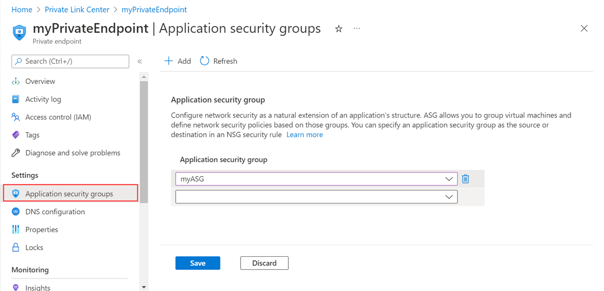 Screenshot that shows ASG selection when associating with an existing private endpoint.