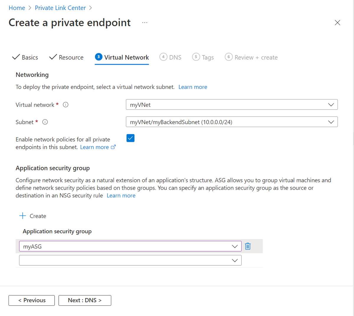 Screenshot that shows ASG selection when creating a new private endpoint.