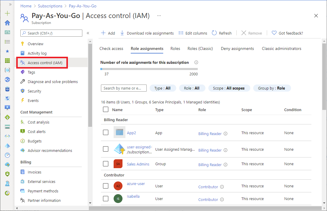 Снимок экрана: страница управления доступом (IAM) в портал Azure.
