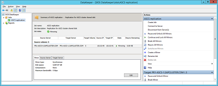 Рис. 44. Синхронное зеркальное отображение DataKeeper для общего диска SAP ASCS/SCS активно