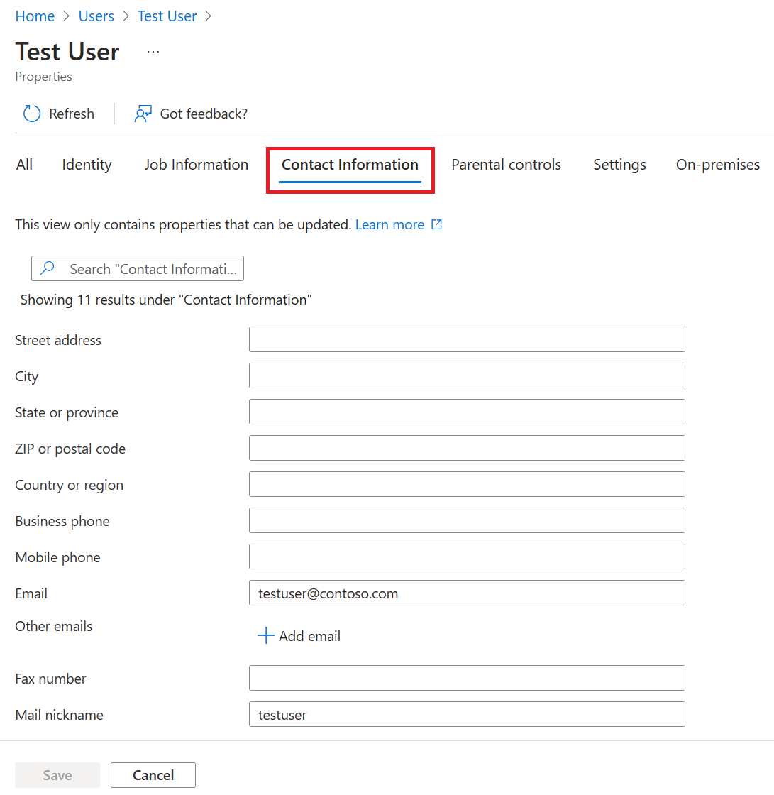 Скриншот панели «Редактирование свойств» портала Azure с вкладкой «Контактная информация».