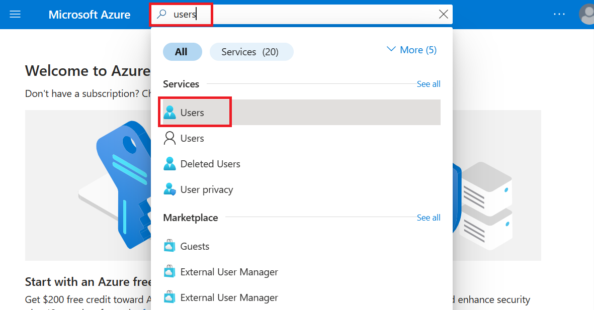 Снимок экрана главной страницы портала Azure с выбранным пунктом «Пользователи» в результатах поиска.