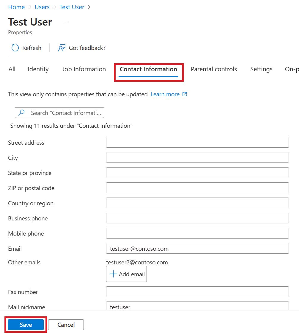 Скриншот вкладки «Контактная информация» портала Azure с выбранной кнопкой «Сохранить».