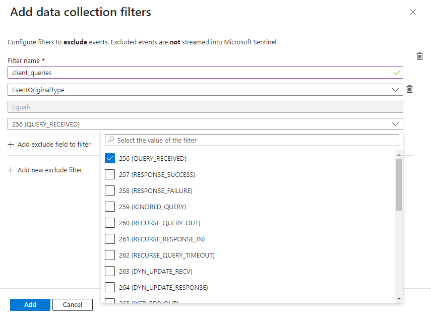Screenshot of adding fields to a filter for the Windows D N S over A M A connector.