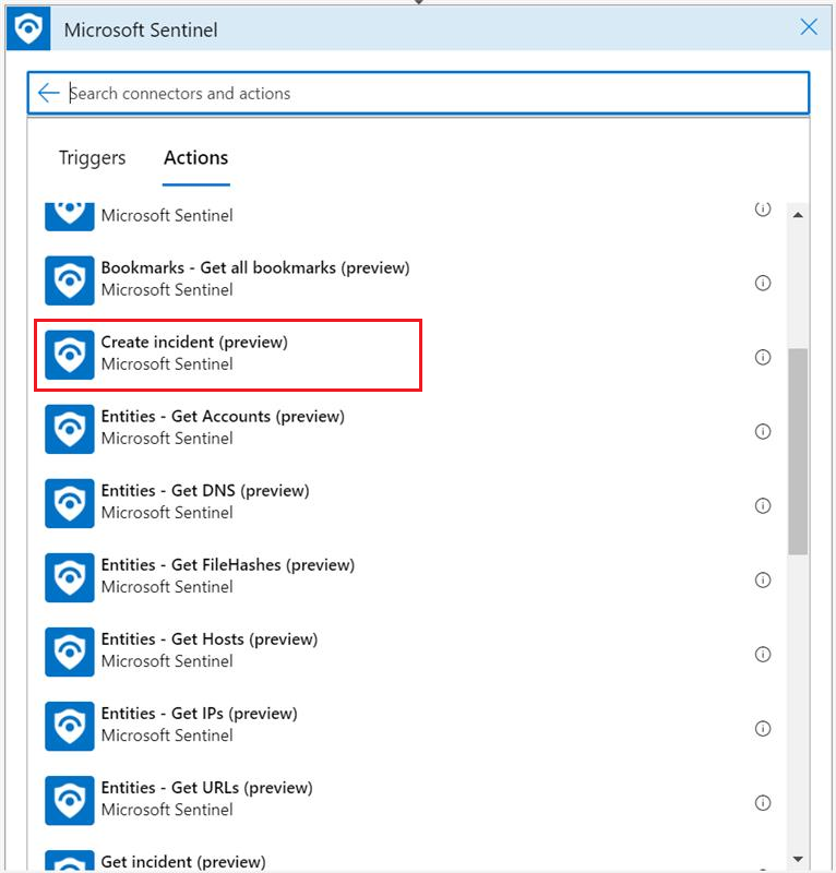 Снимок экрана: действие создания инцидента для приложения логики в соединителе Microsoft Sentinel.