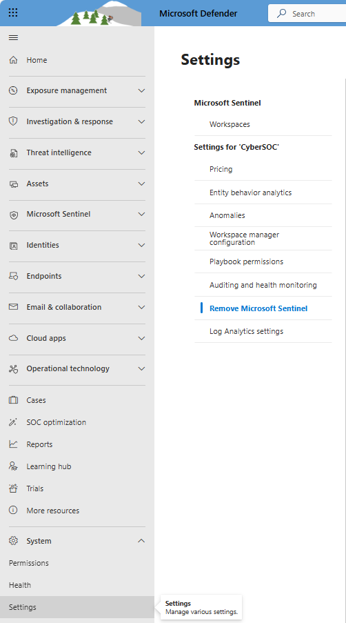 Снимок экрана параметров Microsoft Sentinel на портале Defender с выделенным в конце списка параметром удаления Microsoft Sentinel.