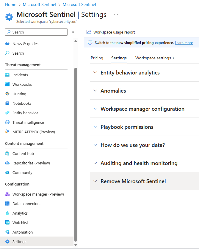 Снимок экрана, на котором показано, где найти параметр для удаления Microsoft Sentinel из вашей рабочей области в портале Azure.