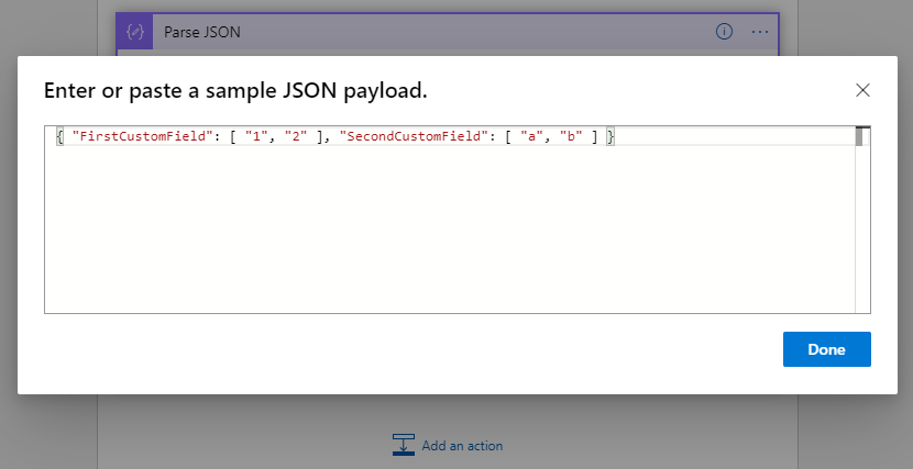 Снимок экрана: ввод примера полезных данных JSON.