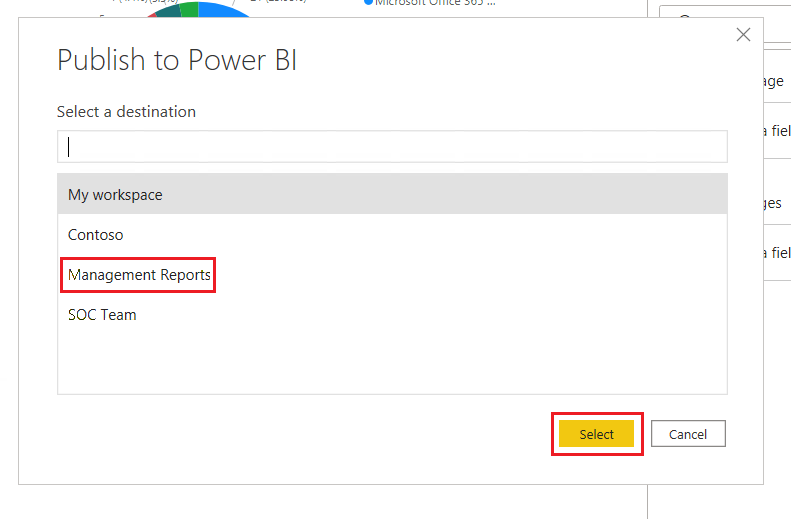 Снимок экрана: выбор рабочей области Power BI 