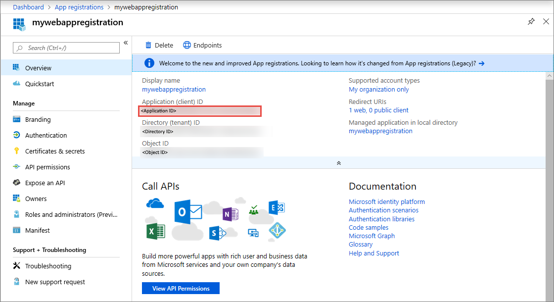 Screenshot showing the App registration page showing the Application ID and Tenant ID.