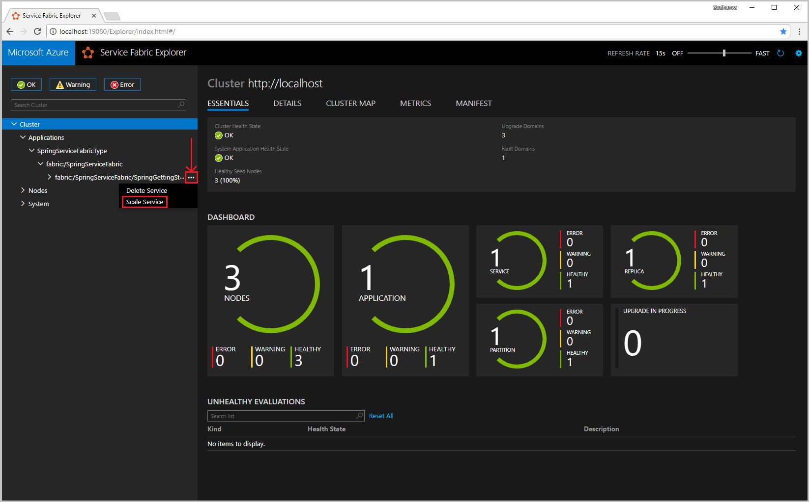 Пример службы масштабирования Service Fabric Explorer