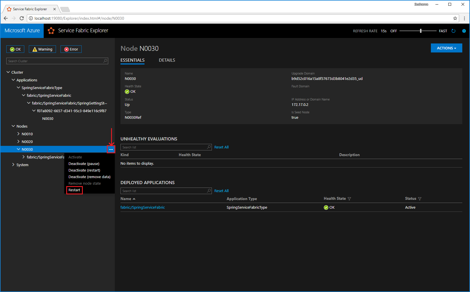 Перезапуск узла в Service Fabric Explorer