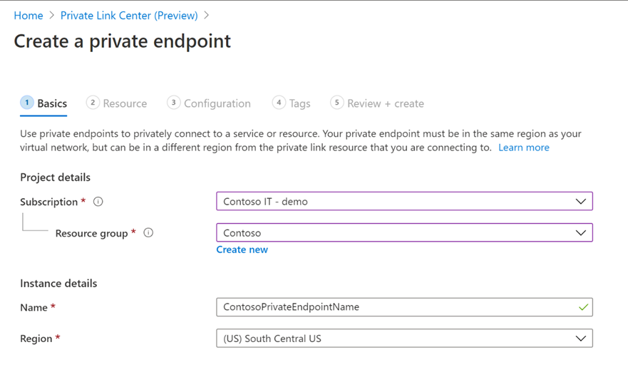 Screenshot that shows the Basic tab for creating a private endpoint.