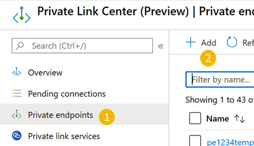 Screenshot that shows how to create a private endpoint in Private Link Center.