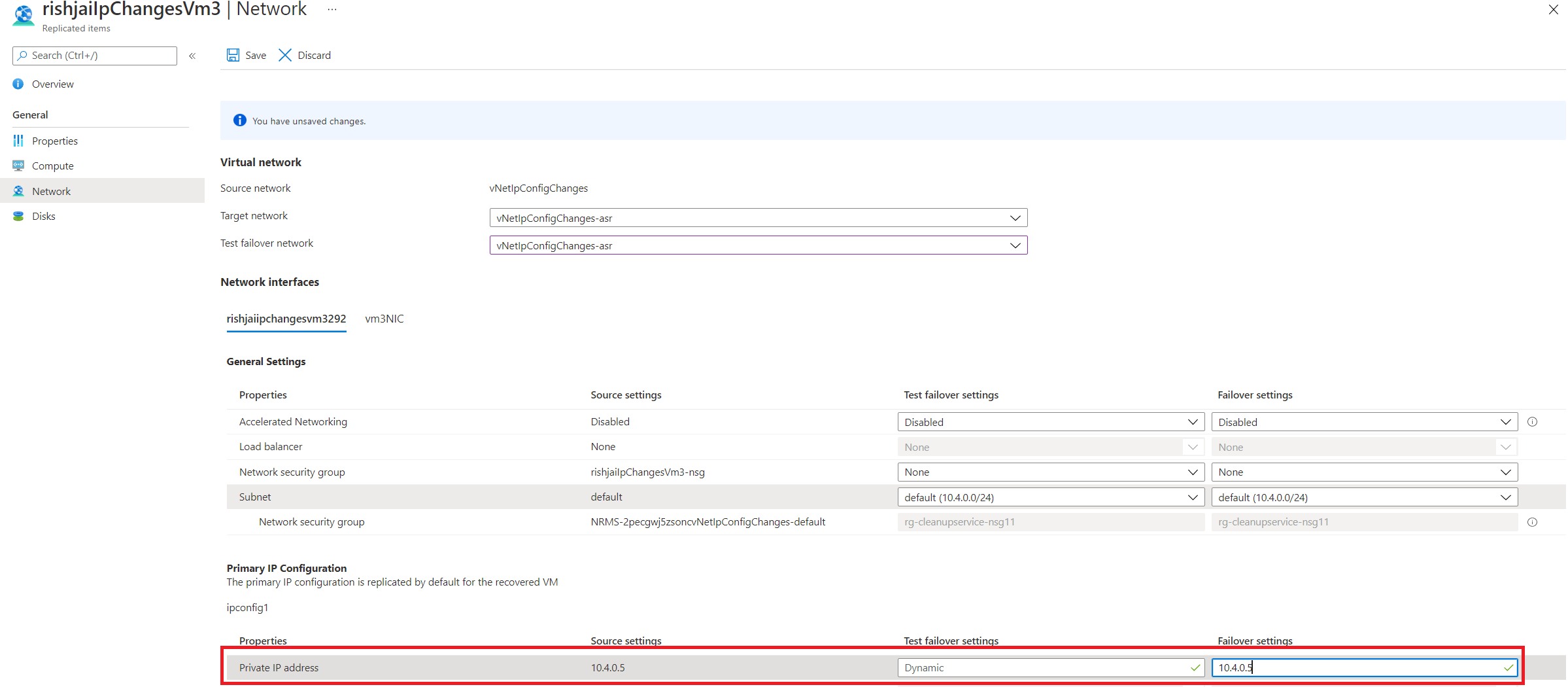 Снимок экрана, на котором показано, как задать целевой IP-адрес в области сети Site Recovery.
