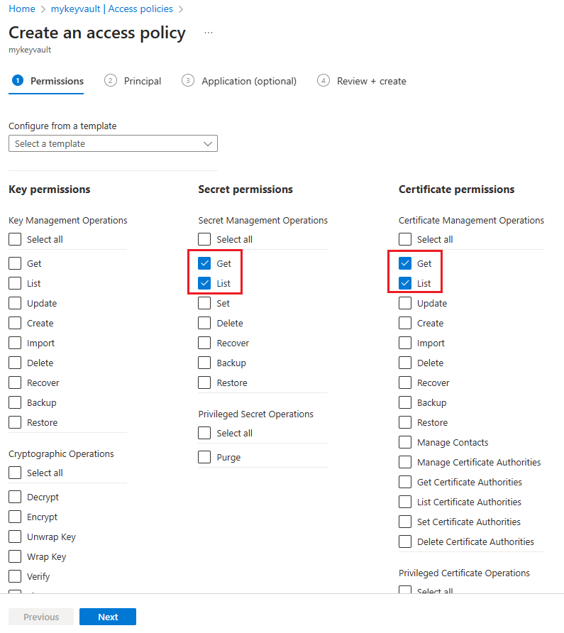 Screenshot of the Azure portal showing the Add Access Policy page for a key vault with Get and List selected from Secret permissions and from Certificate permissions.