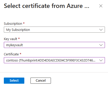 Screenshot of the Azure portal showing the Select certificate from Azure page.