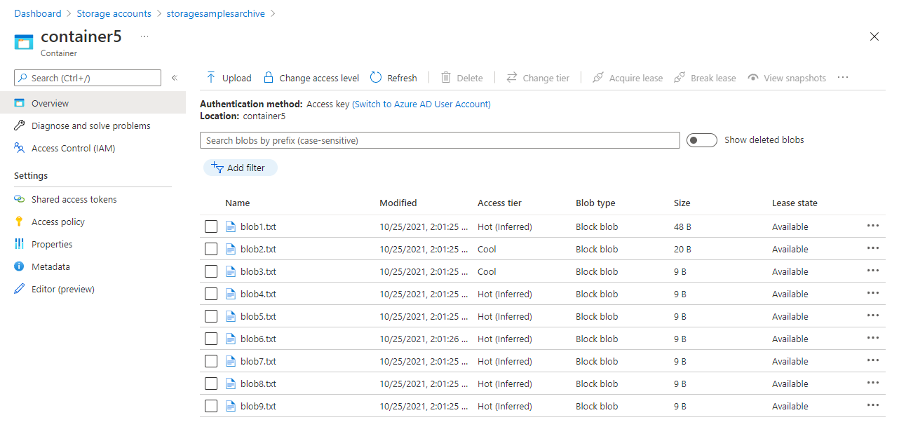 Снимок экрана: BLOB-объекты с уровнем доступа по умолчанию на портале Azure.