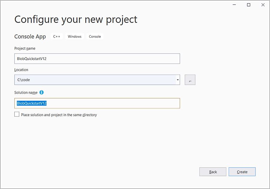 Visual Studio dialog for configuring a new C++ Windows console app