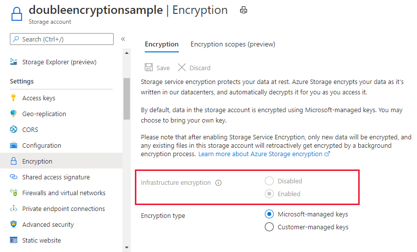 Screenshot showing how to verify that infrastructure encryption is enabled for account.