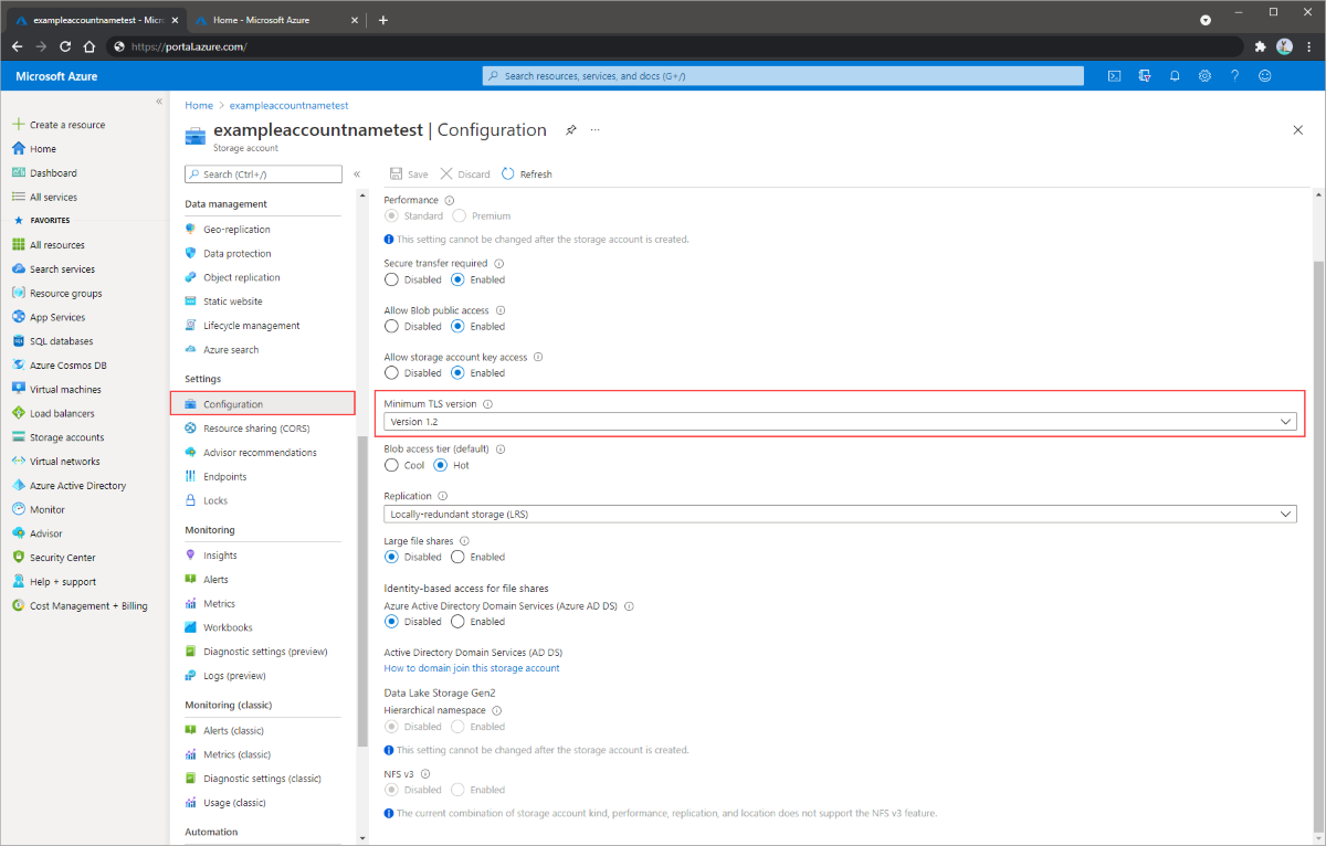 Screenshot showing how to configure minimum version of TLS in the Azure portal.