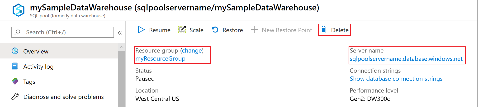 Снимок экрана: портал Azure— страница управления рабочей нагрузкой для выделенного пула SQL. Выделен параметр Удалить группу рабочей нагрузки.