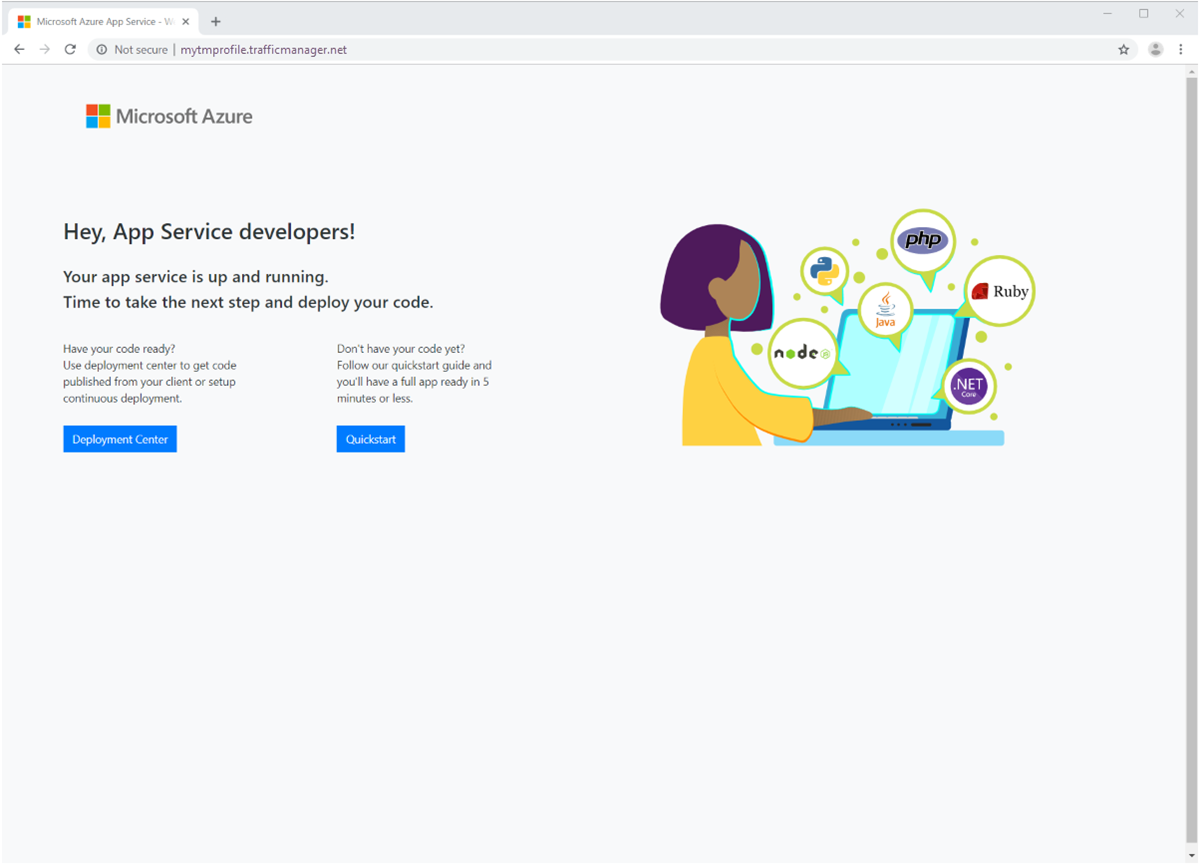 Снимок экрана веб-страницы, подтверждающий доступность профиля Диспетчера трафика Microsoft Azure.