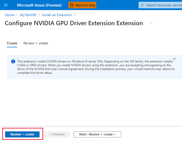Screenshot that shows how to create the NVIDIA GPU Driver Extension on the selected virtual machine in the Azure portal.