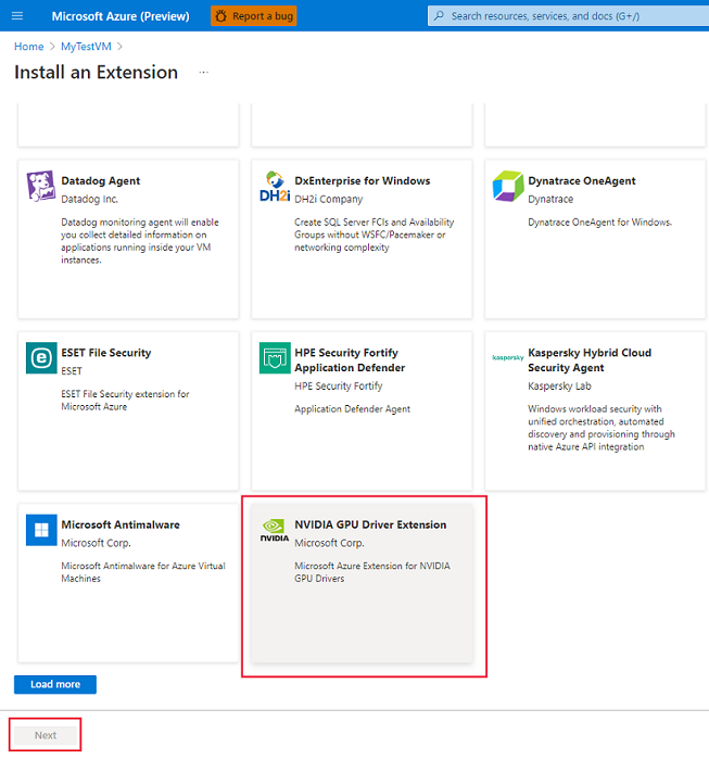 Screenshot that shows how to locate and select the NVIDIA GPU Driver Extension for a virtual machine in the Azure portal.