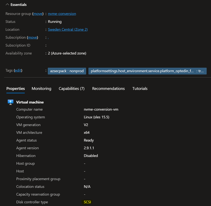 Снимок экрана свойств виртуальной машины на портале Azure, включая тип контроллера.