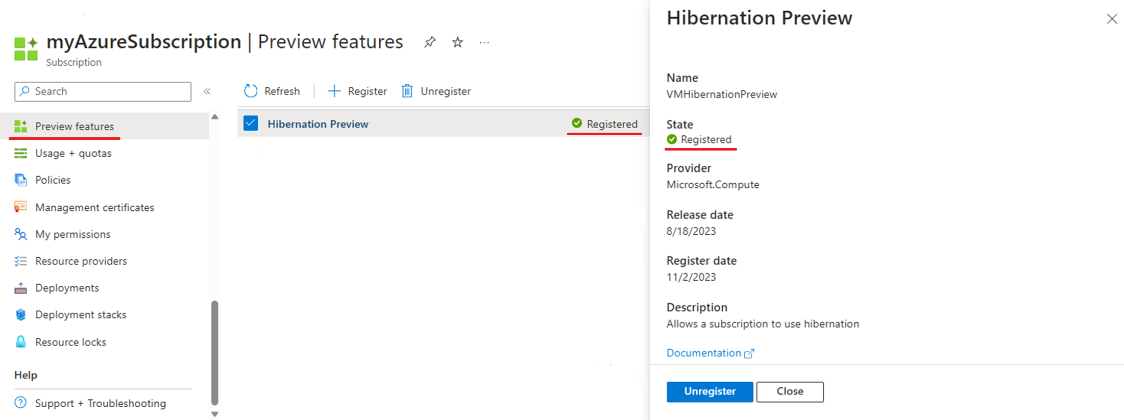 Screenshot showing the Azure subscription preview portal with the hibernation feature listed as registered.