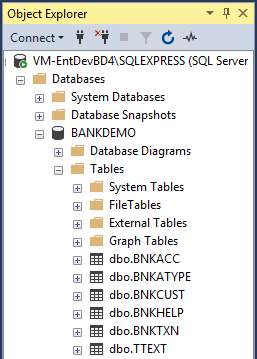 Таблица BANKDEMO, развернутая в обозревателе объектов SQL Server