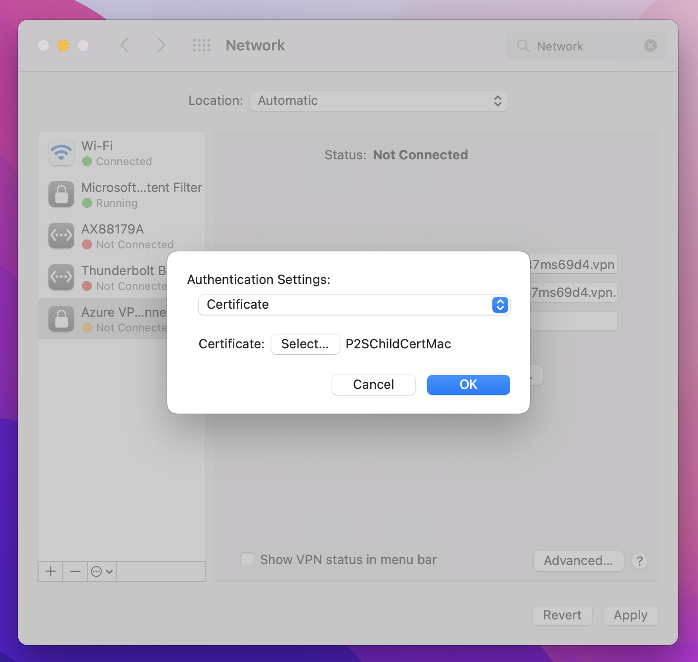 Настройка VPN-клиентов P2S — проверка подлинности сертификатов —  собственный клиент macOS - Azure VPN Gateway | Microsoft Learn