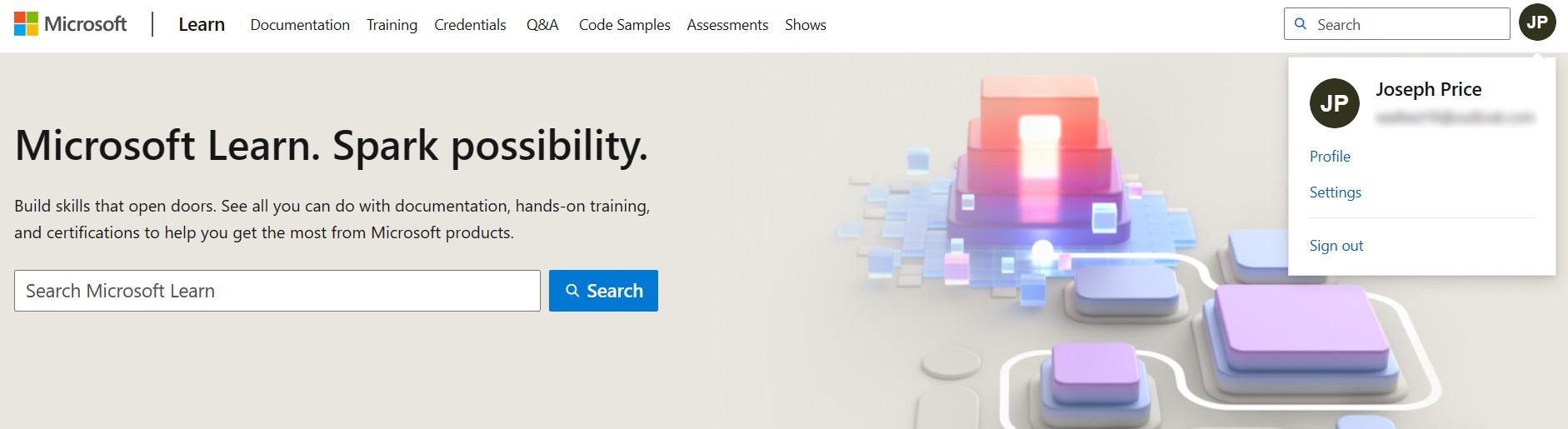 Веб-страница Microsoft Learn, где отображается раскрывающееся меню аватара Learn и выделен выбранный пункт 
